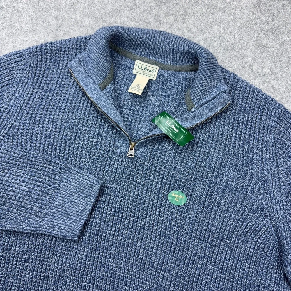 LL Bean Sweater Mens XL Indigo Blue‎ Organic Cotton Waffle Knit 1/4 Zip Mock NEW